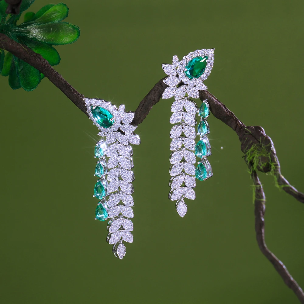 CWWZircons Elegante grüne CZ-Blumen-Wassertropfen-Ohrringe, lange Hängeohrringe für Damen, schöner Schmuck für Hochzeiten und Partys, Geschenk, Großhandel E1159 – Detail 6