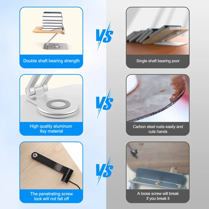 Support de livre de bureau pliable pour la lecture, base rotative à 360 ° et clips de page