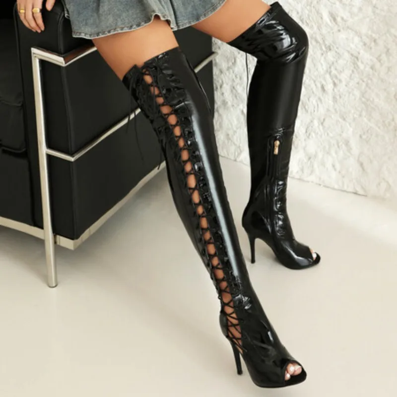 Women\'s Over The Knee Thigh High Boot Sexy Lace-up Patent Red Night-club Dance Fetish Party Shoes Lady Big Size New 2024 Summer