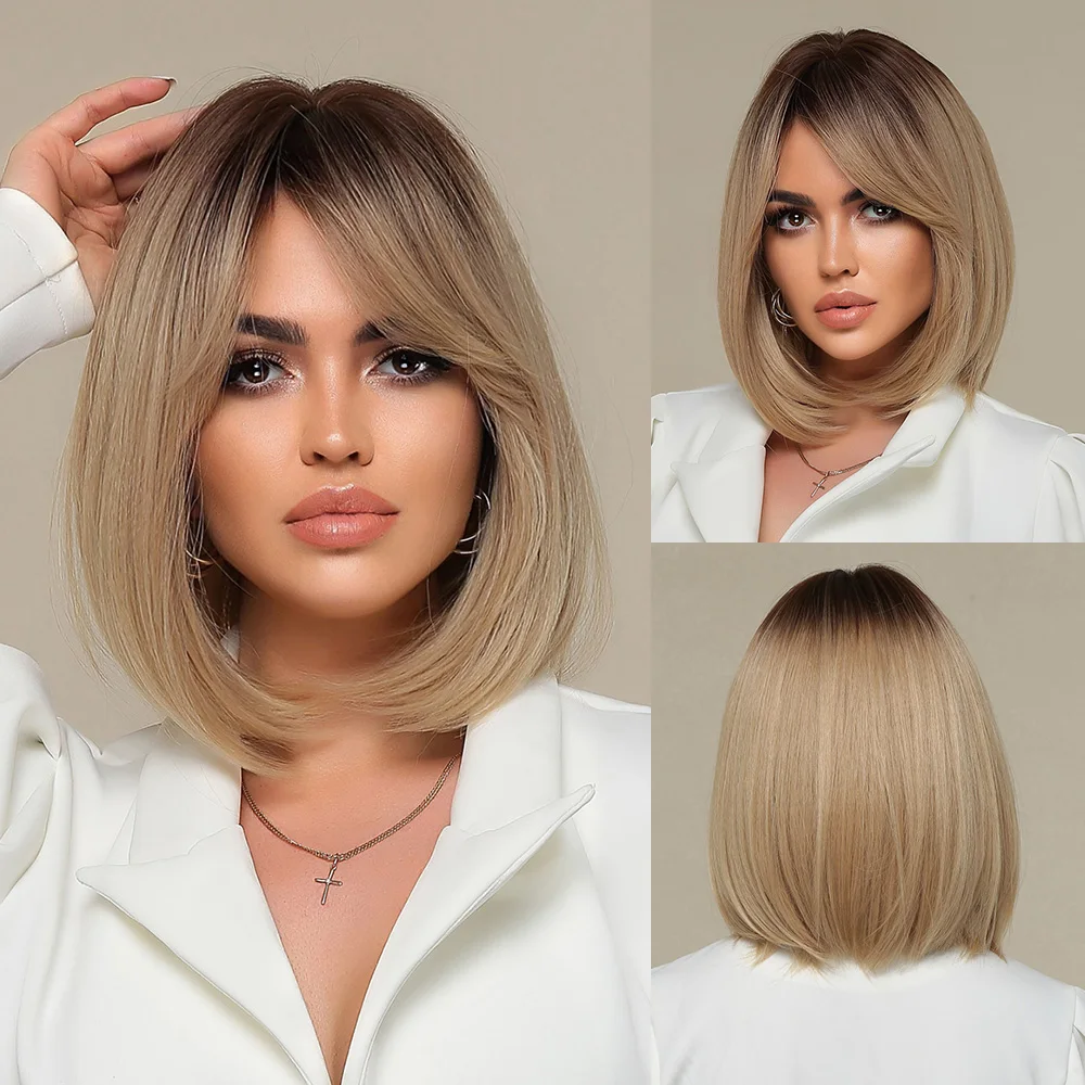 

La Sylphide Bob Ombre Brown Blonde Wig with Bangs Natural Woman Wigs Daily Party Lolita Short Wigs Heat Resistant Hair