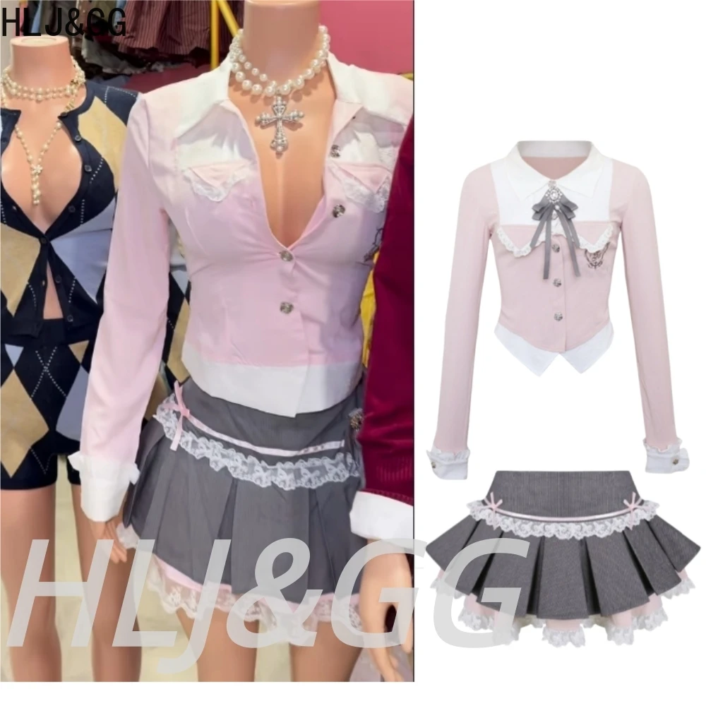 

HLJ&GG Pink Fashion Sweet Preppy Mini Skirts Two Piece Sets Women Lapel Button Long Sleeve Crop Top And Pleated Skirts Outfits