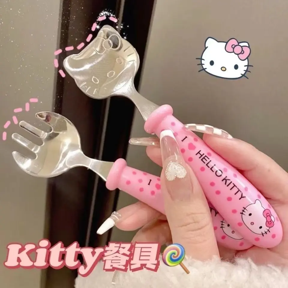 Kawaii Sanrio Spoon Fork Hello Kittys Cute Beauty Tableware Set Portable Travel Box Pink Spoon Children Toys for Girls Gift