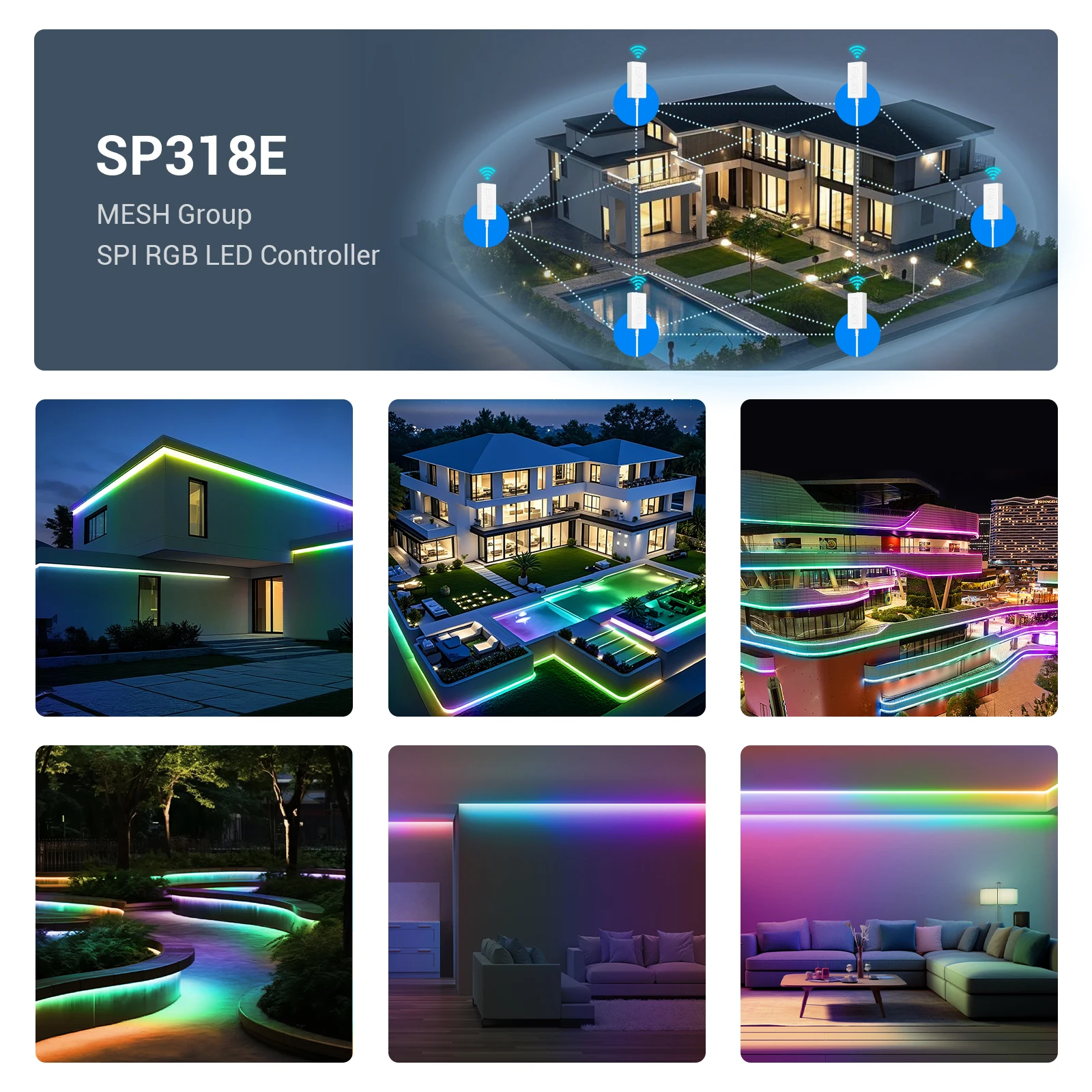 SP318E RGBIC LED Controller MESH Networking Group Control up to 200 Devices App Music DIY BT DC 5-24V
