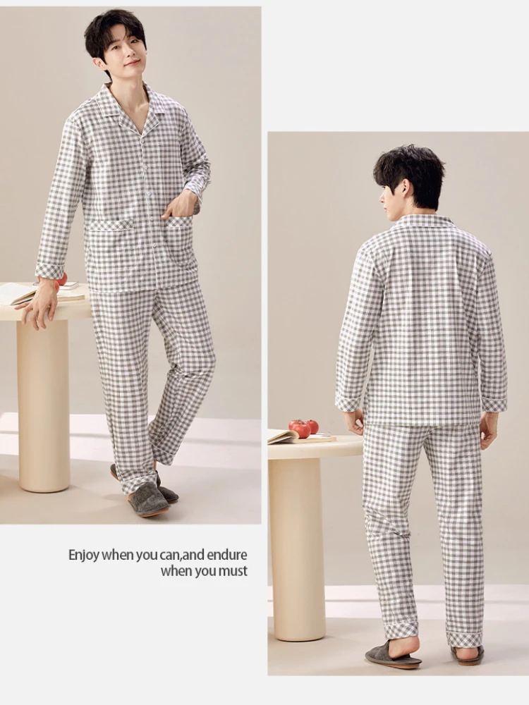 Pijamas a cuadros de talla grande 3XL para hombre, ropa de hogar de algodón de imitación de manga larga para primavera, ropa de dormir holgada, ropa exterior