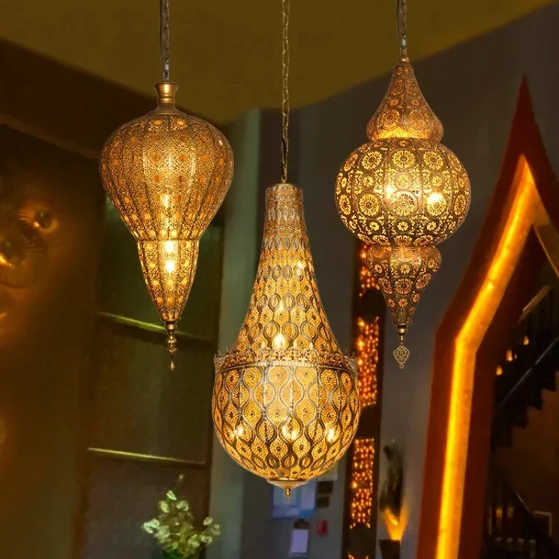 

Vintage Antique Hollow Carving Hanging Lighting Southeast Asia Moroccan Golden Pendant Light Restaurant Bar Hotel Loft Led Lamp