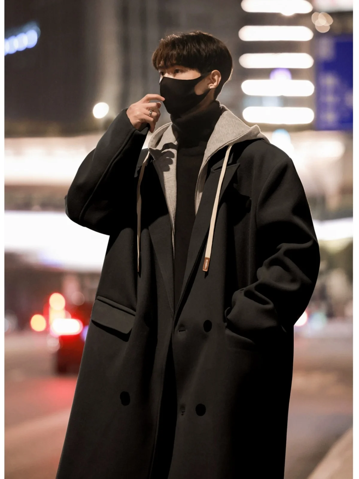 

Men's Winter Thiened Long Woolen Coat Double Breasted Hat Design Pure Color Korean Sle Casual Faion Windbreaker Coat