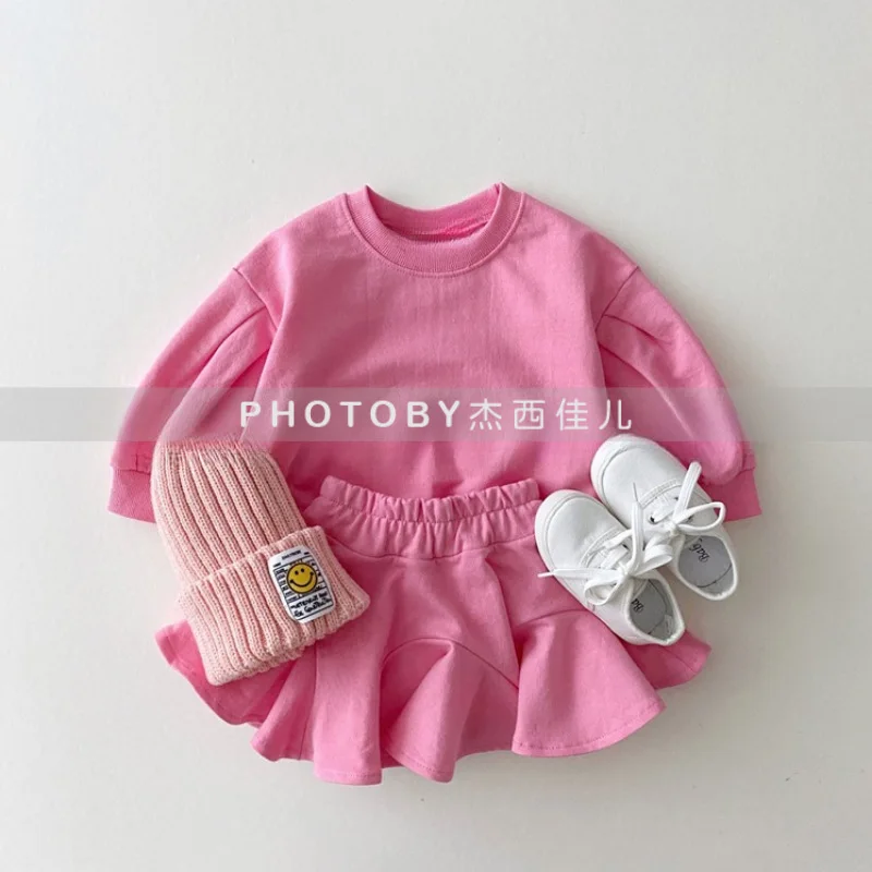 Sweater Dress Set Solid Color Long-sleeve Top Short Skirt Two-piece Set Grils Childre Korean Sweet Solid Loose Fashionable