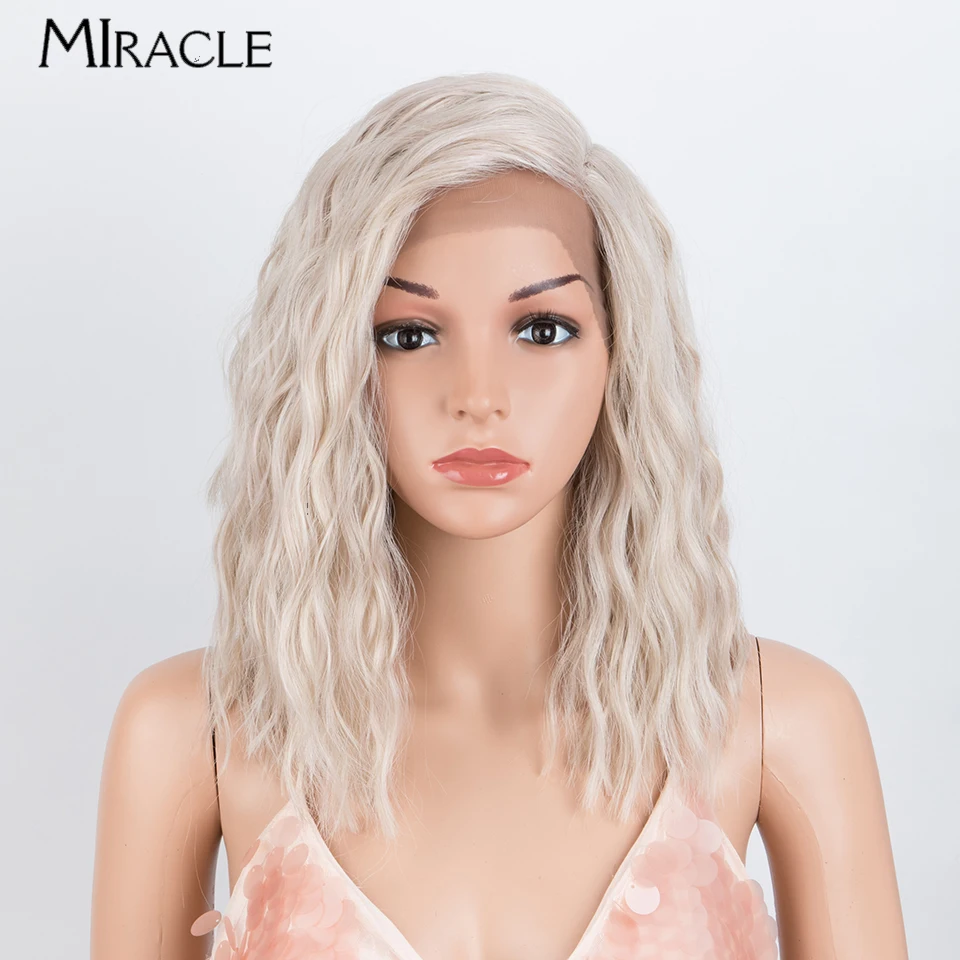 MIRACLE-peluca Bob corta rizada sintética con malla frontal para mujer, parte lateral, marrón, amarillo, rojo, pelucas de Cosplay, cabello falso resistente al calor