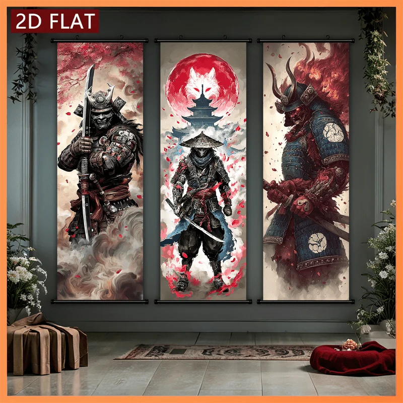 VIKAMA Japanese Samurai Warrior Fox Spirit 3 Piece Wall Scroll Tapestry Set Dark Fantasy Wall Art Decor for Living Room Bedroom