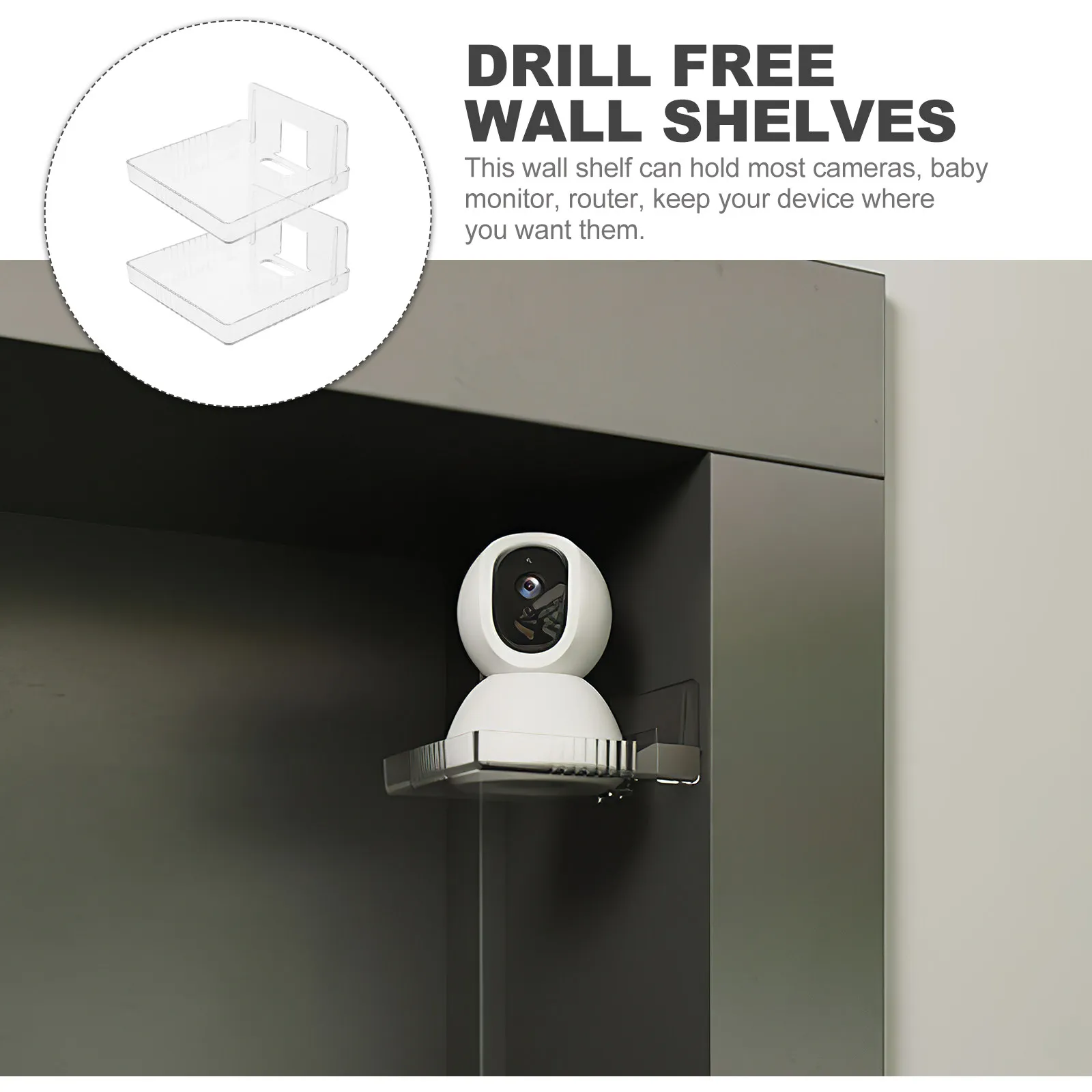 2Pcs No Drill Wall Shelf Security Camera Bracket Baby Monitor Mount Transparent Small Shelf for Router Living Room Office