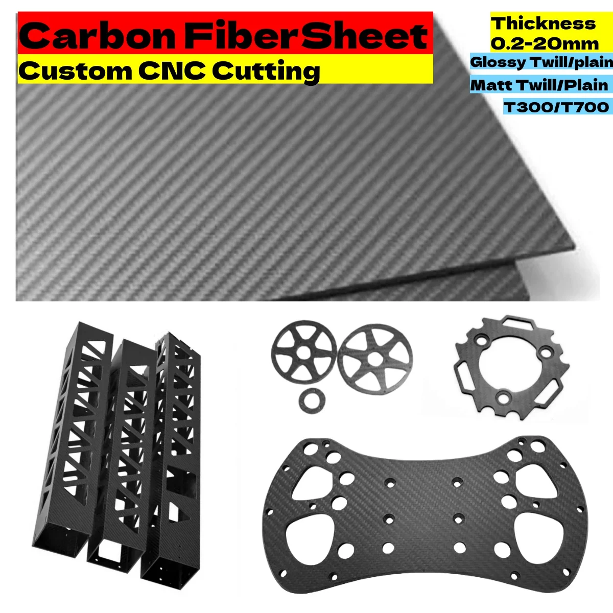 Matte Glossy Carbon Fiber Sheet Panel Plate Board CNC Cutting Carbon Fiber Tube Processing Chamfer Engrave Pressnuts T300 T700