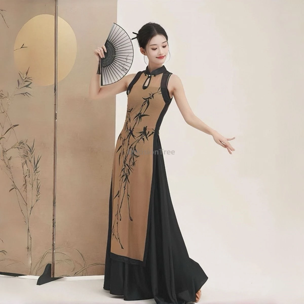 

2025 chinese dance temperament qipao style costume hollow out design sleeveless ethnic dancing garment dance performance outfit