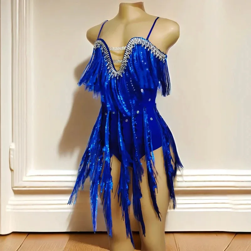 Women Latin Dance Dress Blue Sequins Tassel Rhinestones Bodysuit Samba Ball Performance Clothes Bar Nightclub Sexy Stage Costume