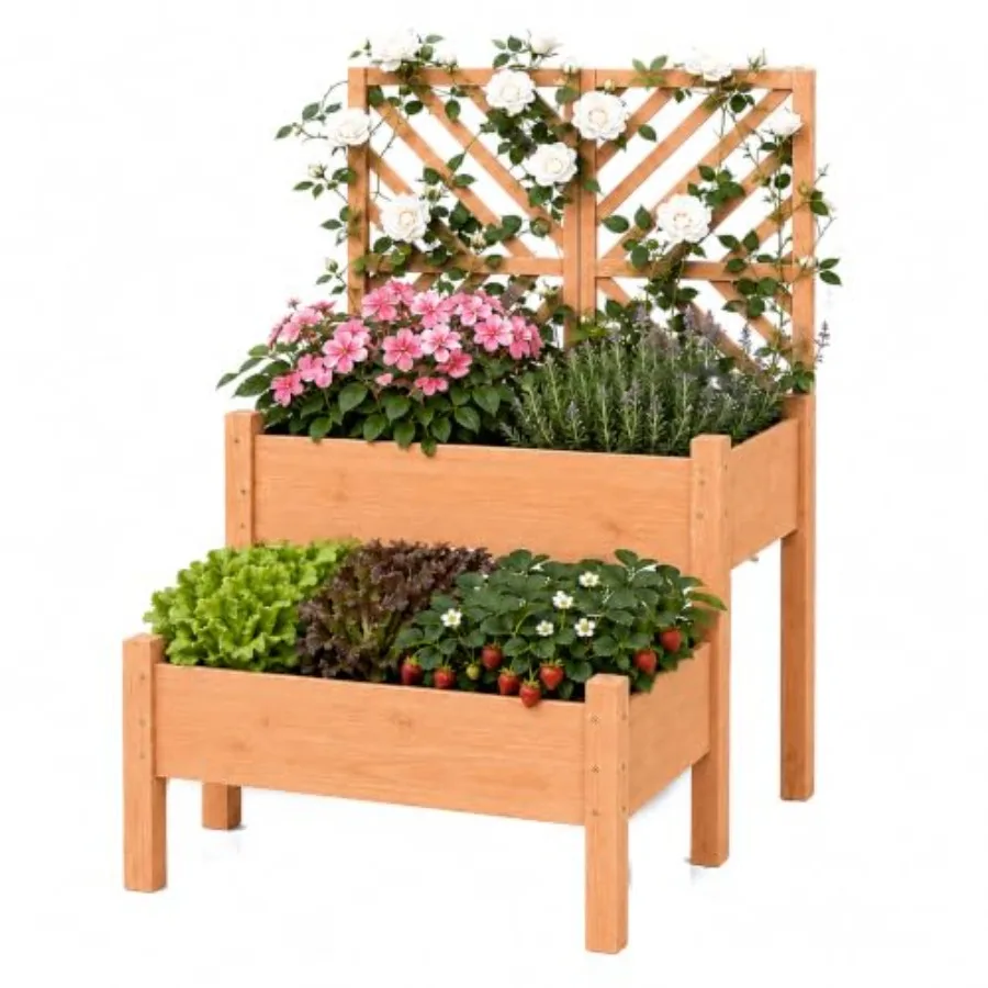 Raised Garden Beds with Trellis Fir Wood 2 Tiers Elevated Planter Grow Box