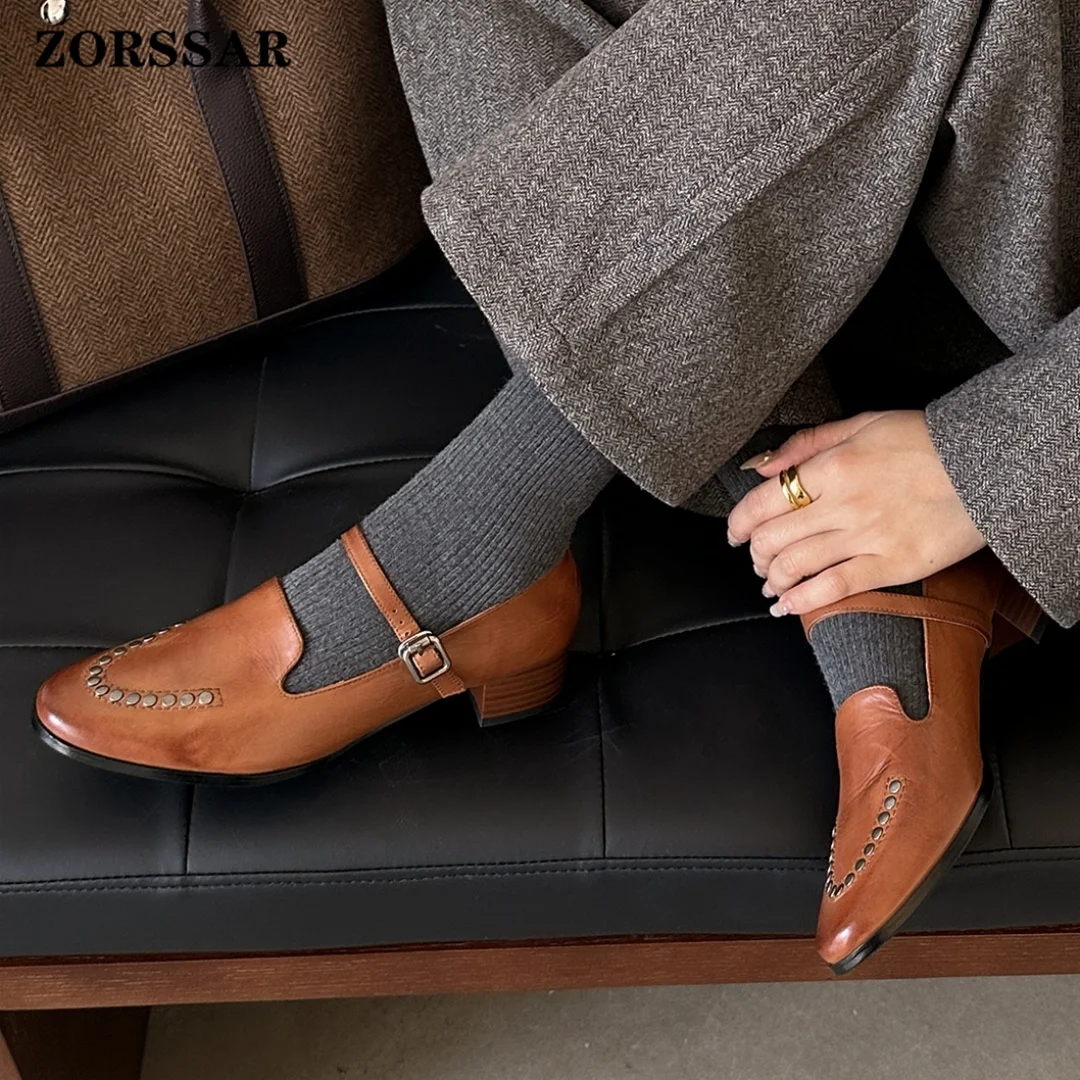 

Women's Cow Leather Metal Buckle Slip-on Flats Mary Jane Loafers Round Toe Rivet Decoration Casual Female Daily Moccasins Shoes