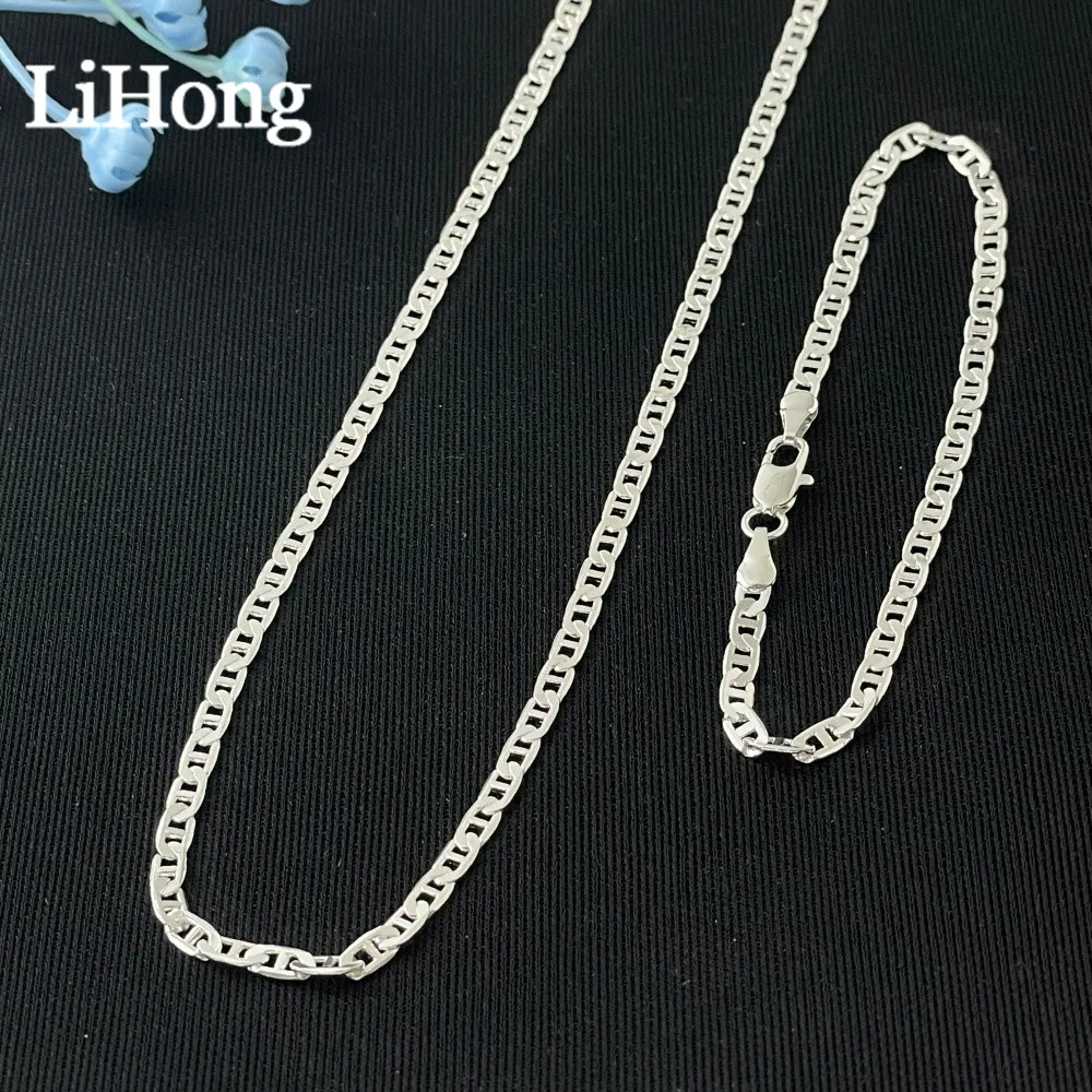 LihongWholesale Men's 925 Sterling Silver Necklace Bracelet Set 4MM 40-60cm Chain Lobster Clasp Man Boy Women Engagement Jewelry