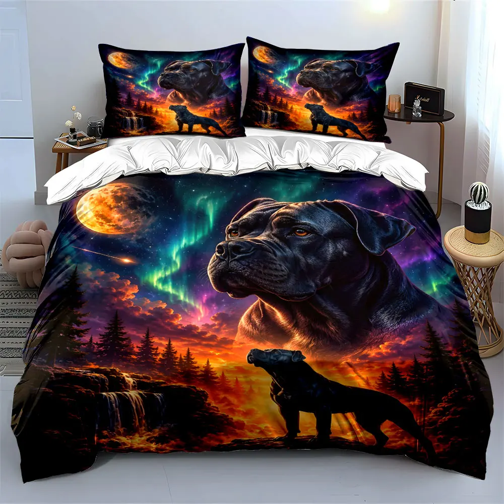 Black Dog Night Scenery Aurora Waterfall Dreamy Print Bedding Set 1Duvet Cover 2Pillowcases for Adult and Children Luxury Gift