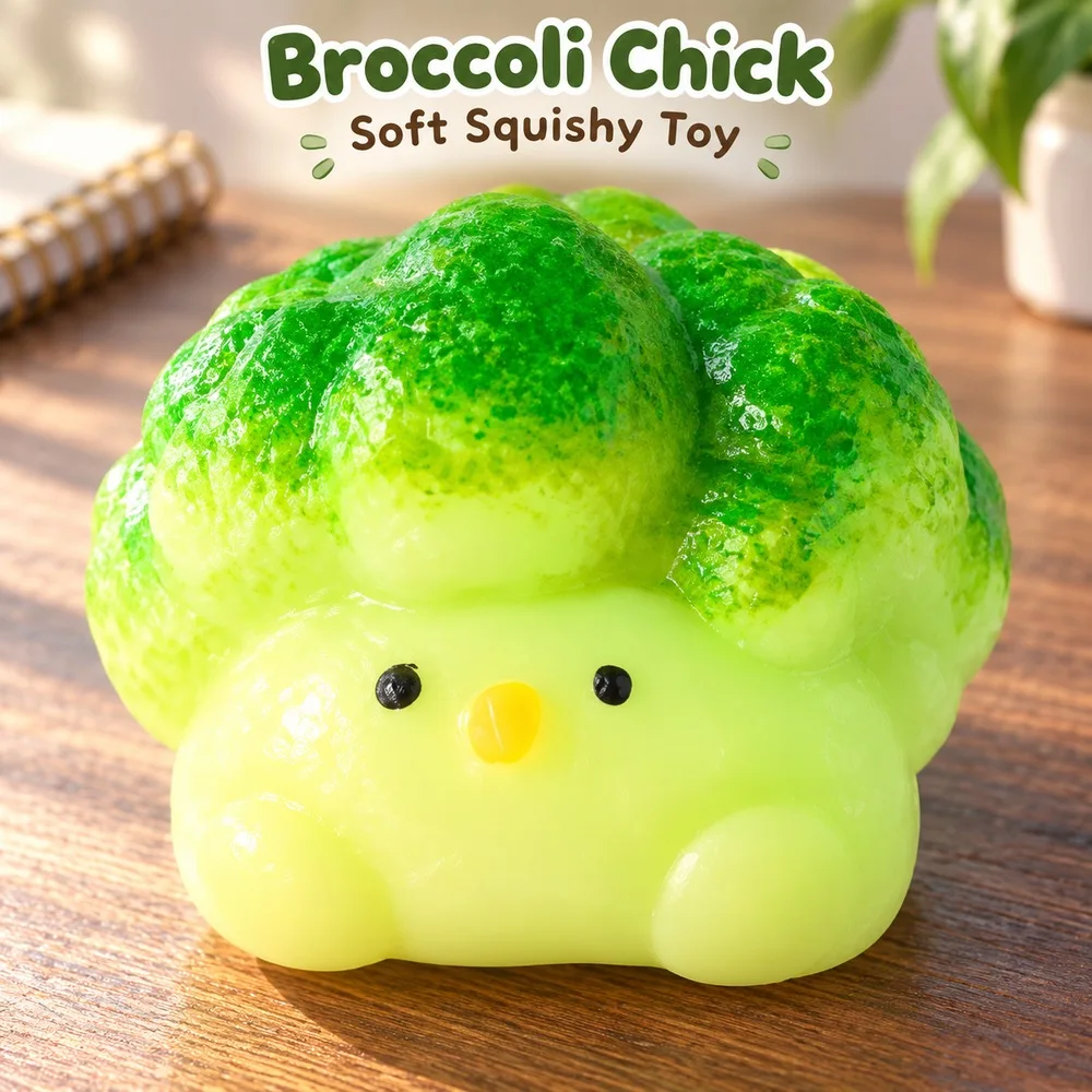 Broccoli Chick Squishy Toy Soft TPR Green Vegetable Shape with Cute Yellow Face Handheld Squeeze Fidget Desk Gift Teens Adults