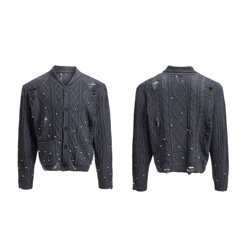 2025 Autumn New Fashion Pearl Design Sweaters Hollow Out Knitted Cardigan Long Sleeve Coats Male Handsome Solid Color Knitwears