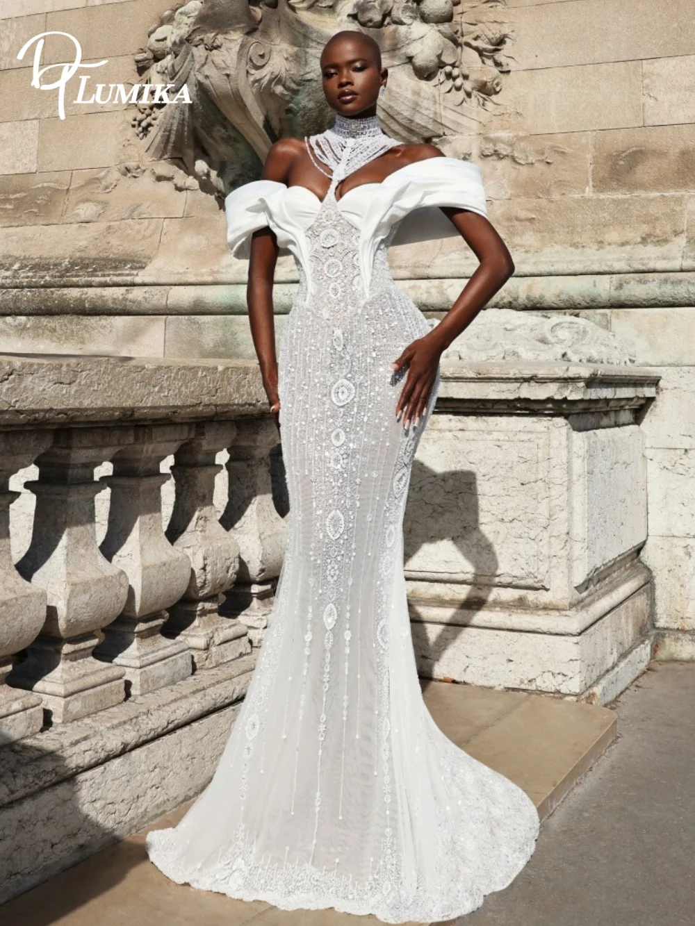 Stunning Off Shoulder Mermaid Wedding Dress Puffy Satin High Beaded Bodice Lace Plus Size Bride Dresses Customized Bridal Gown
