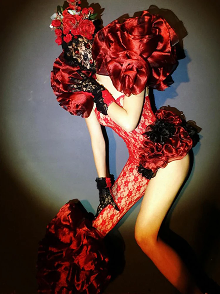 Stroje na festiwal rave, seksowne, elastyczne body z koronki, nakrycie głowy z różą, odzież do tańca gogo, kostium na występy dla tancerzy klubowych.