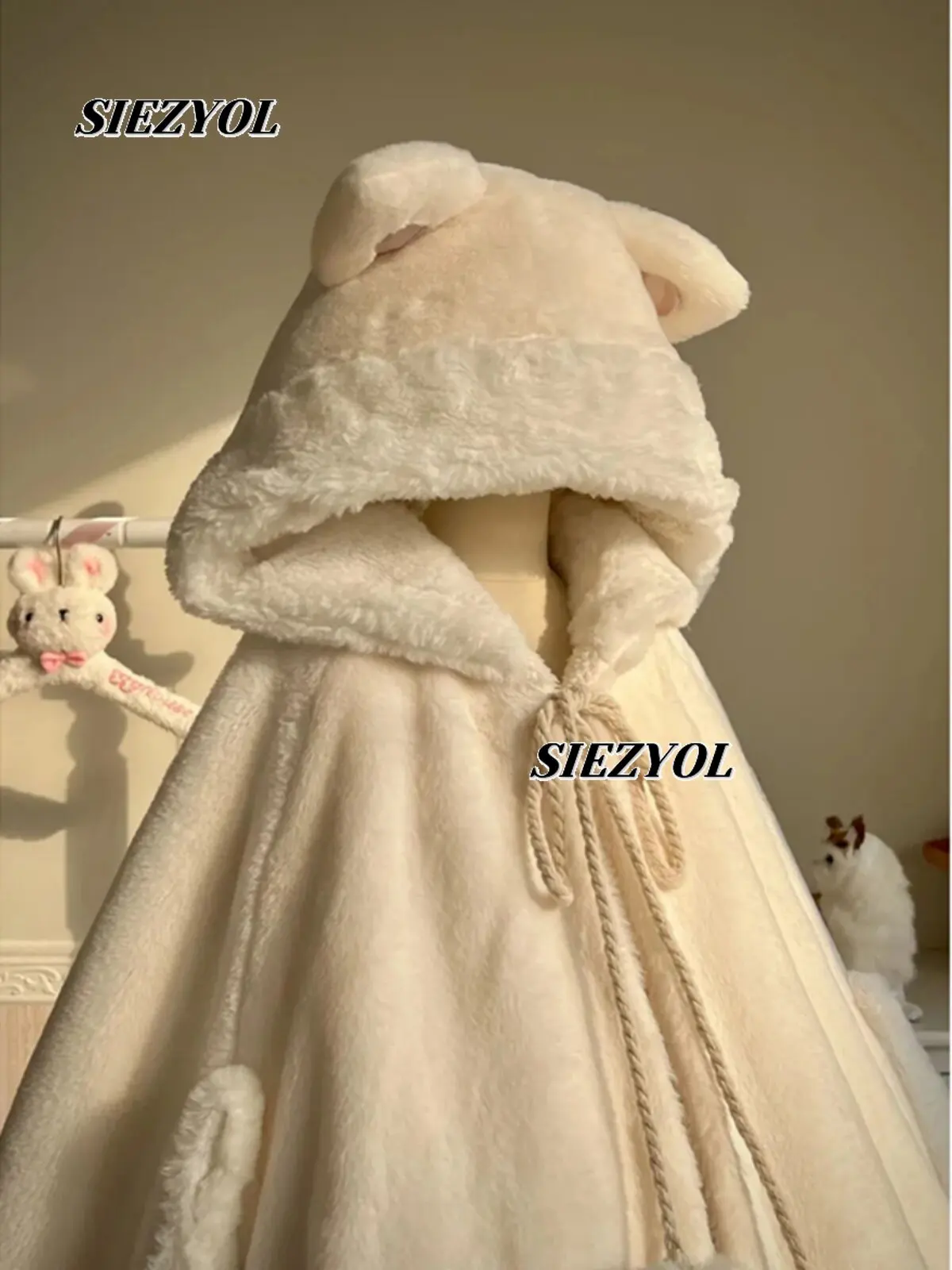 Plush Sweet Fashion Cloak Woolen Coat Capes Winter New Japanese Style Cute Girls Versatile White Lace-up Ponchos Coat