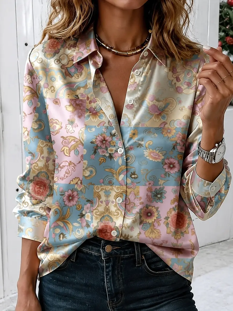 Women's Spring Summer 3D Printed Collar Button Down Blouse, Cream Base Pink Rose Black Cat Mix Vintage Soft Office Shirt view 3