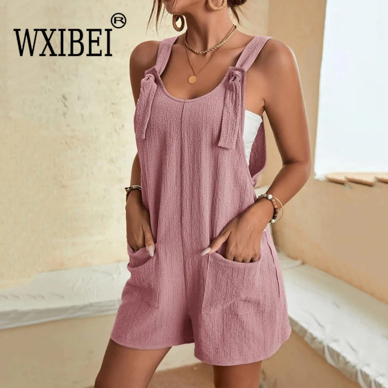 WXIBEI 2024 Summer Women's Jumpsuit Overalls Short Loose Sleeveless Wide Leg Overall Solid Casual Romper with Pockets ALH081