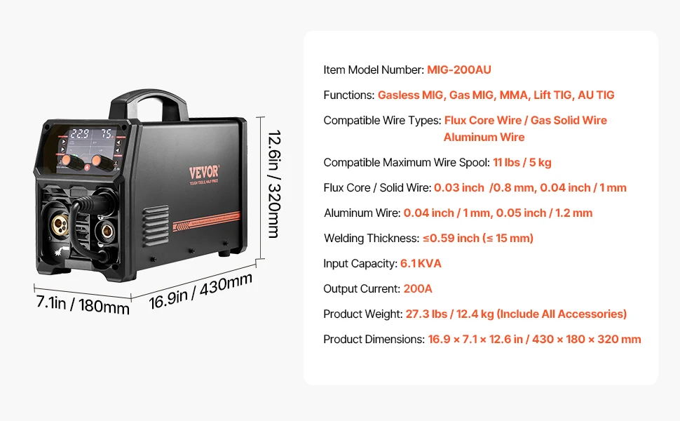 SucceBuy 5-in-1 MIG-lasapparaat 200 Amp Pluse Mig-lasmachine Gas MIG / Flux Core MIG / Stick / Lift TIG / AU TIG met LCD-scherm
