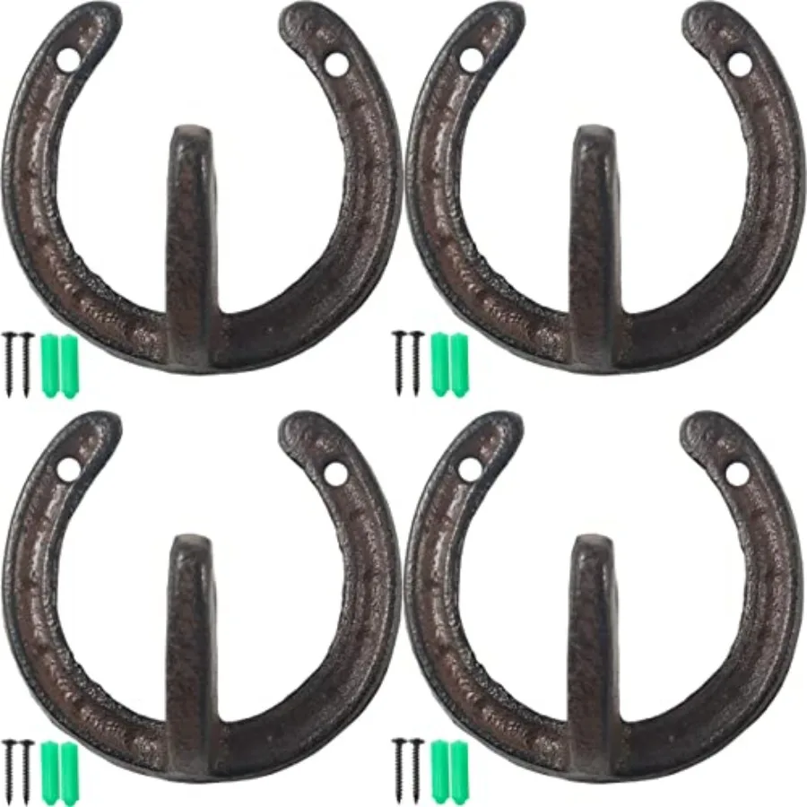 

4PCS Cast Iron Horseshoe Shaped Wall Hooks Vintage Coat Hat Horse Hanger Farmhouse Drative Hooks for Hanging Robe Towels Coats