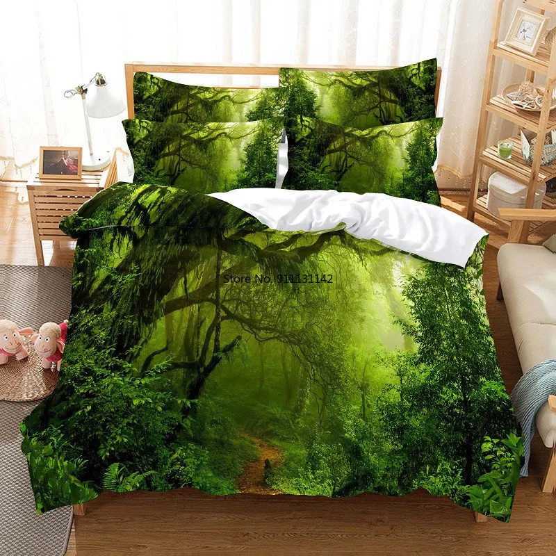 Modern Green Forest Landscape Digital Printing Bedding Set 3D Fashion Design Down Bed Cover Pillowcase 2-3 Pieces Home Textile