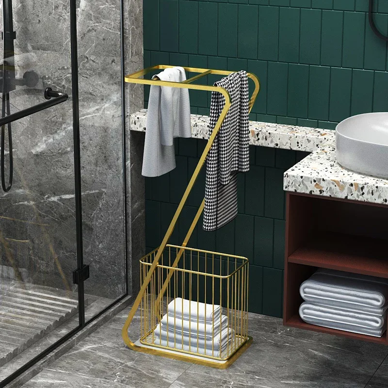 

Light Luxury Marble Bathroom Towel Rack Modern Netred Style Towel Holder with Dirty Clothes Basket Household Toilet Organizer