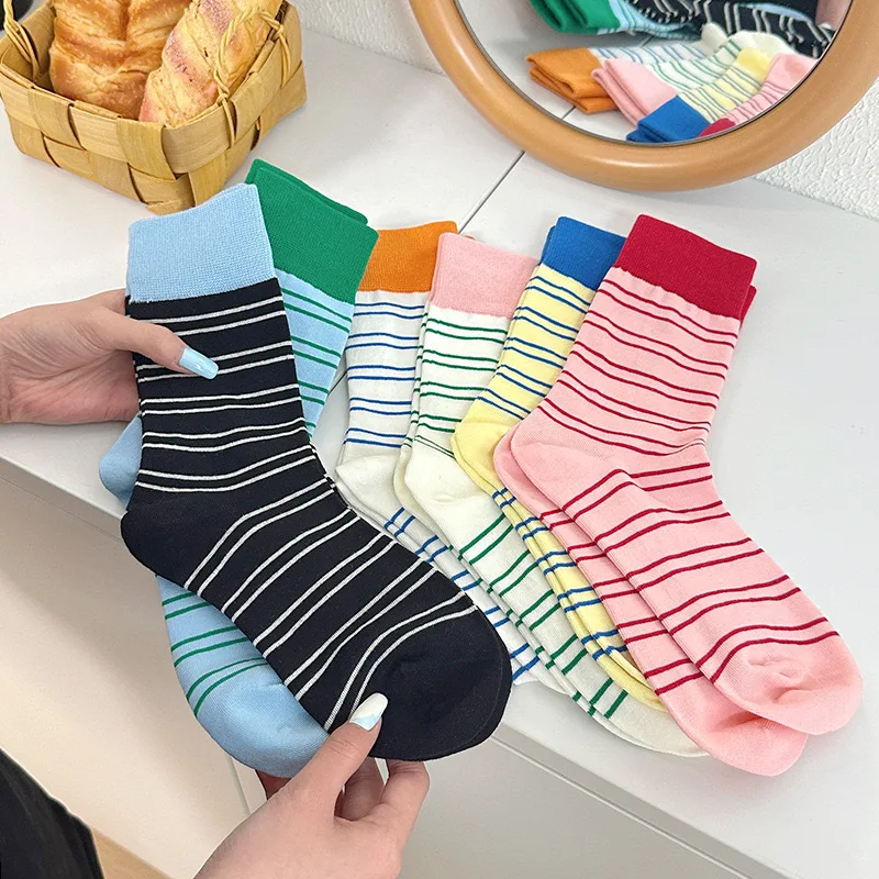 

6 Pairs of Parallel Striped Socks Multifunctional Fashionable Creative Soft Comfortable Lightweight, Casual Medium-sized Socks