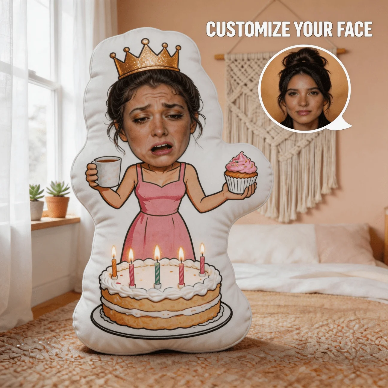 Custom Personalized Photo Face Pillow, Funny Birthday Character Custom Shaped Decorative Cushion, 23.62-Inch Large Size Accent P