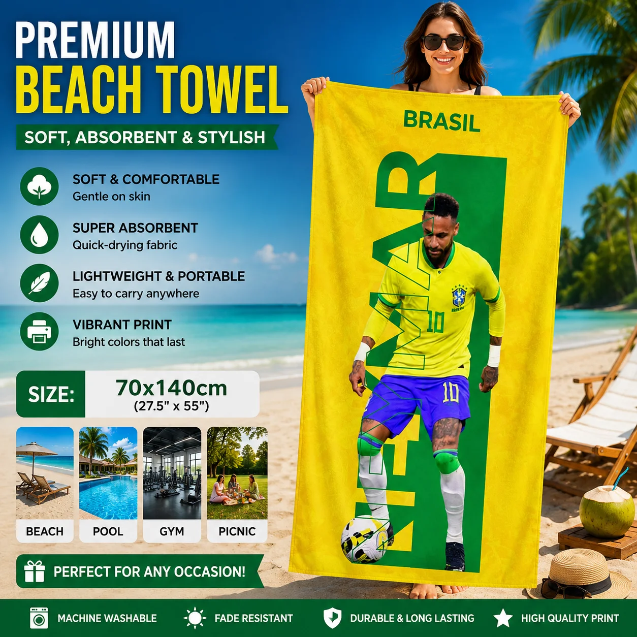 Neymar NO.10 Beach Towel Soccer World Cup Quick-drying Towel Suitable for Seaside Pool Camping Vacation Yoga For Family Friends