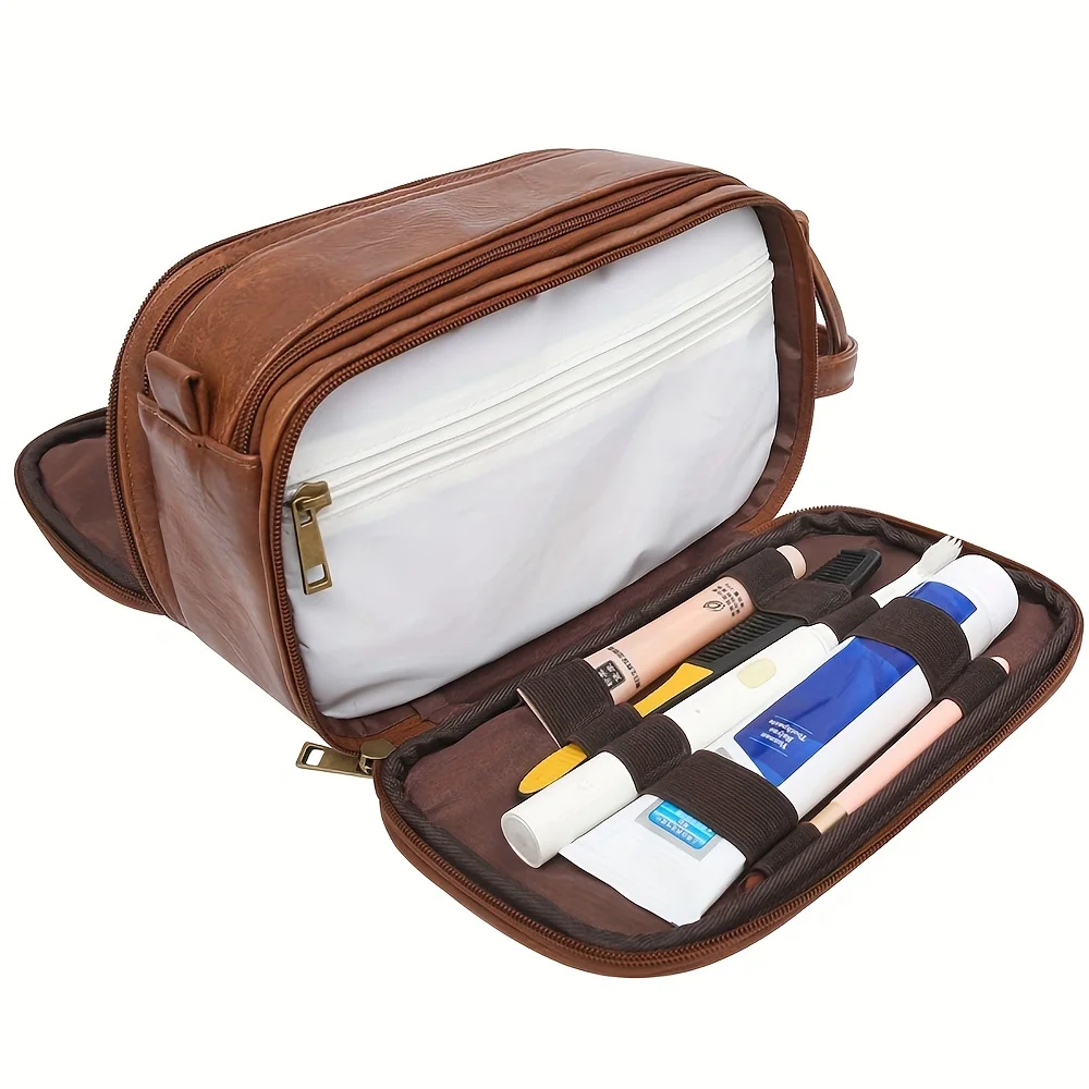 Waterproof Vintage Men Leather Toiletry Bag Travel Wash Case Pouch Shaving Dopp Kit Bathroom PU Makeup Organizer Cosmetic Bag