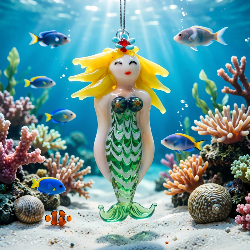 

Hanging Creative Murano Glass Mermaid Figurine Craft Ornament Cute Japan Style Cartoon Images Pendant Aquarium Decor Accessories