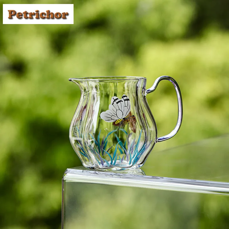 

260ml Hand-painted Butterfly Iris Flower Glass Tea Pitcher Pour Tea Cha Hai Dispenser Justice Cup Fair Mug Tableware Supplies