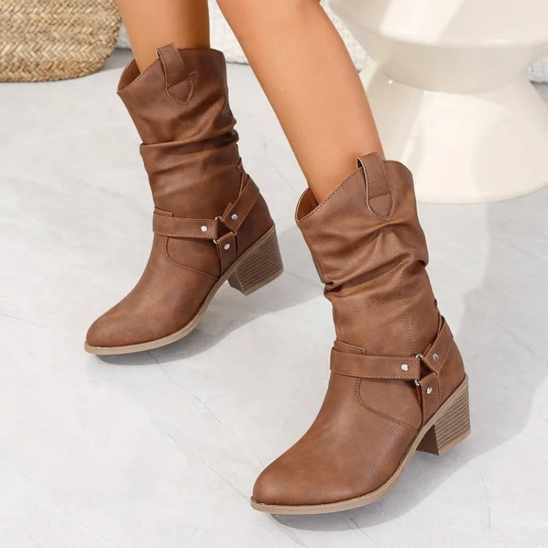 Womens Mid-Calf Boots Retro Stacked Short Boots Luxury Casual Leather Boots for Women Fashion Western Knight Boot Botas De Mujer