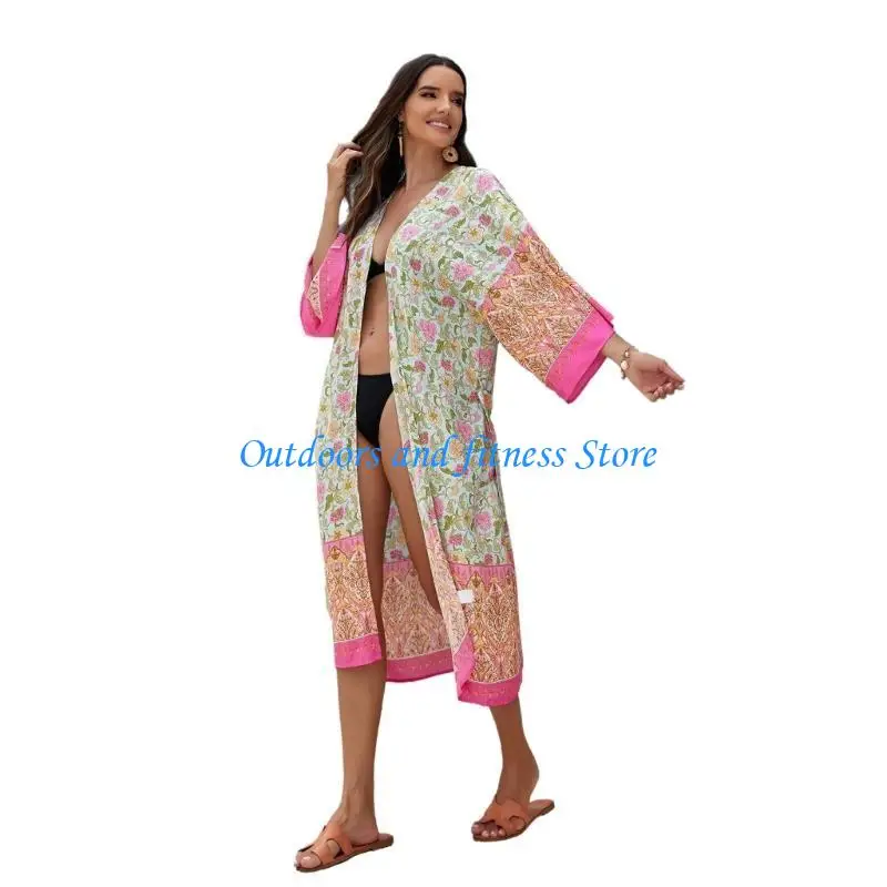 

H053 Women Swimsuit Cover Up Summer Loose Long Kimono Cardigans with Belt Beach Dress
