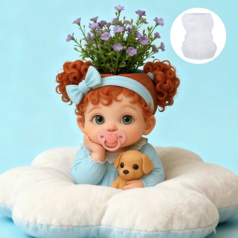 Pacifier Girl Baby with Puppy Vase Silicone Mold 3D Doll Flower Pot Storage Container Pen Holder Craft Mould Home Decoration