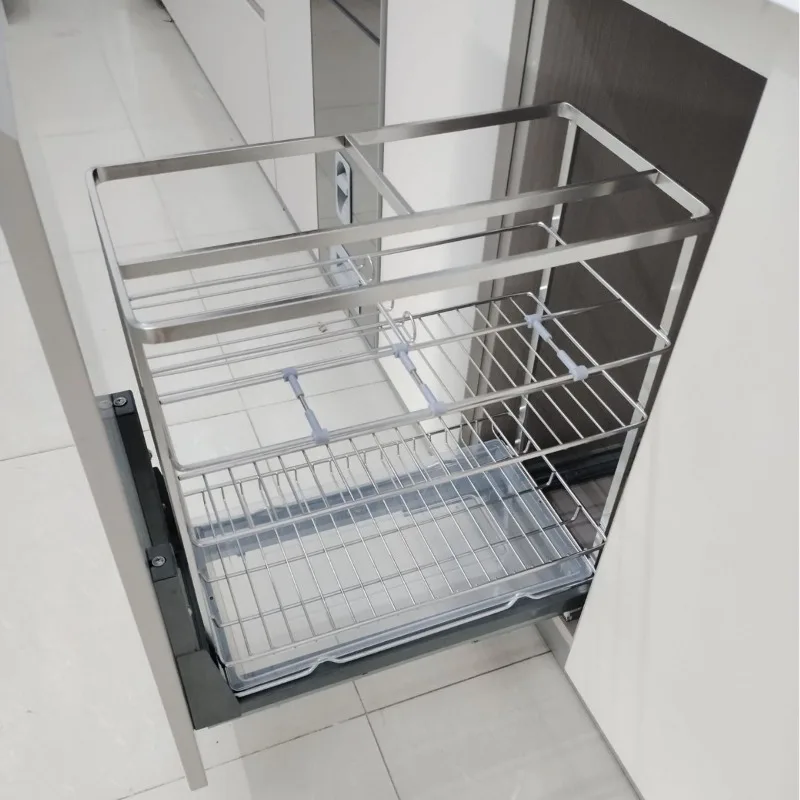 

Kitchen cabinet pull basket stainless steel 304 new seasoning basket double drawer slide seasoning simple seasoning basket
