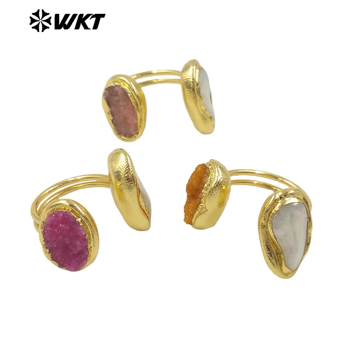 WT-MPR118 Pink And Orange Color Natural Druzy Quartz& Pearl In 18k Gold Plated Good Quality Ring For Friends Fine Gifts