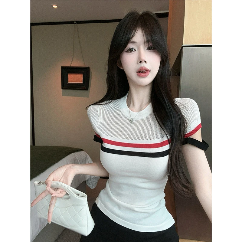 

Women Summer Simplicity Striped O-neck Short Sleeve Appear Thin Thin Knitwear Ladies Fashion Office Lady All-match Casual Tops