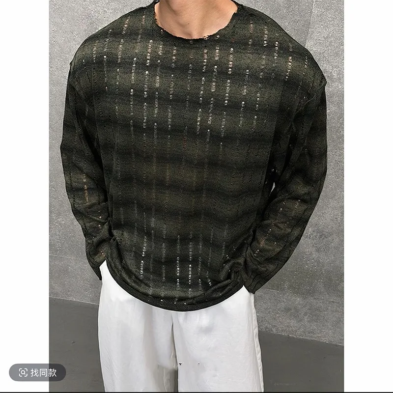 Autumn Vintage Gradient Striped Hollow Out Long Sleeved T-shirt for Men Sun Protection See Through T-shirt Social Streetwear