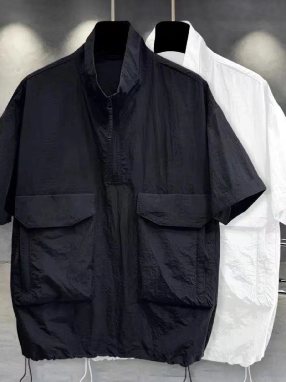 Casual Half Zipper Stand Collar Short Sleeve T-Shirt Men Summer Trendy Workwear 3D Pocket Design Half Sleeve Leisure Sunscreen