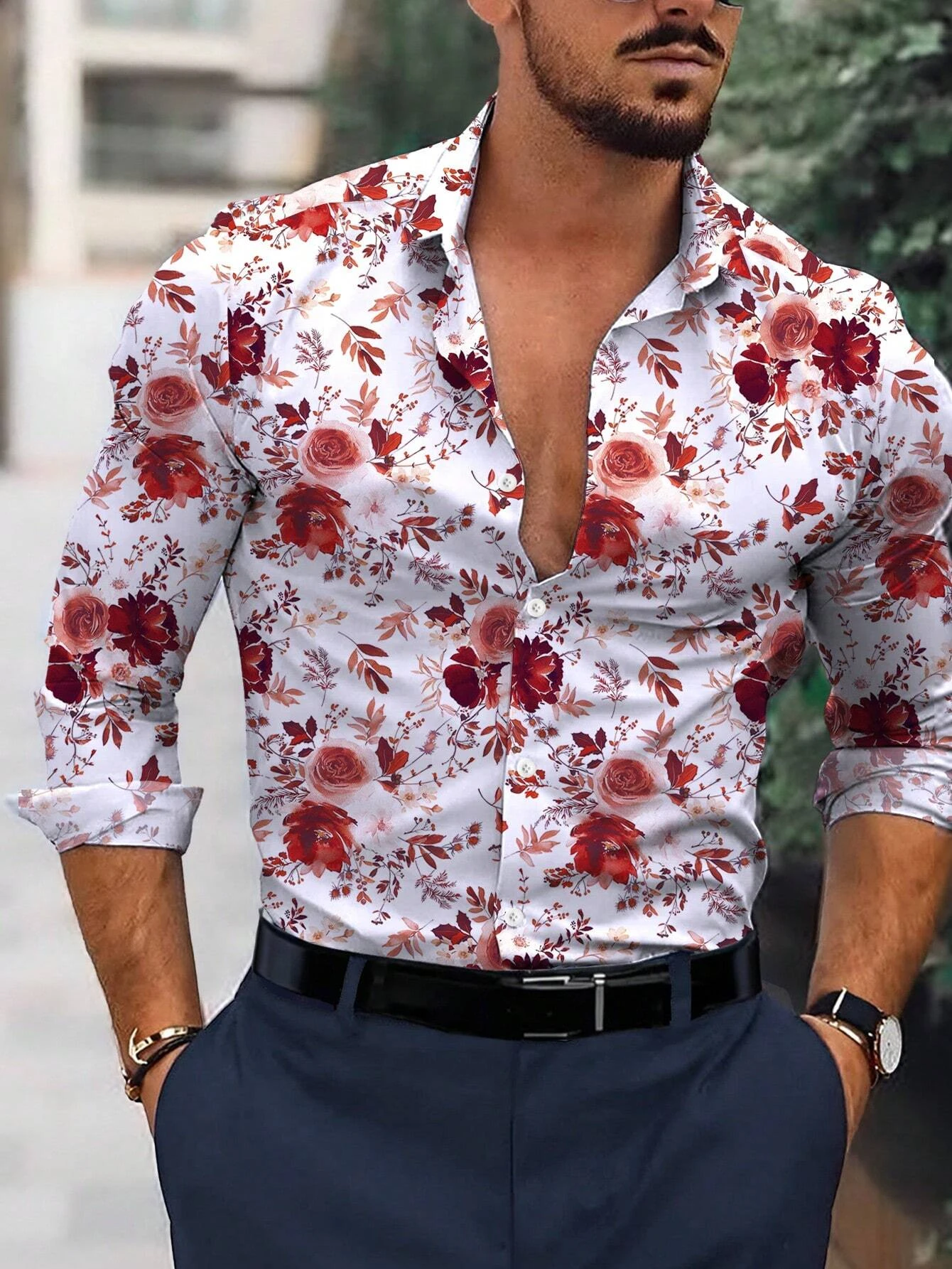 Men's Vacation Style All-Over Floral Printed Long Sleeve Shirt Men's Casual Business Dress Shirt Breathable Men Clothing