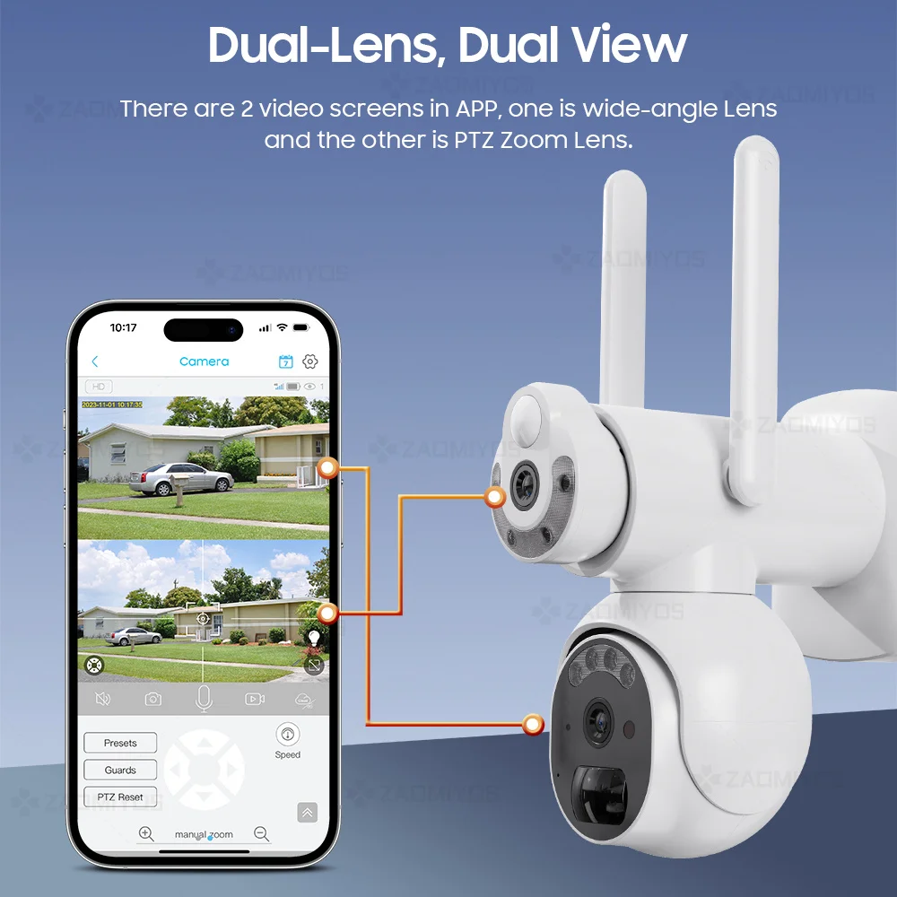 ZAOMIYOS 6MP 4G SIM Solar Camera 3K Dual Lens/View WIFI Wireless IP Camera PTZ Outdoor PIR Security Night Vision Surveillance