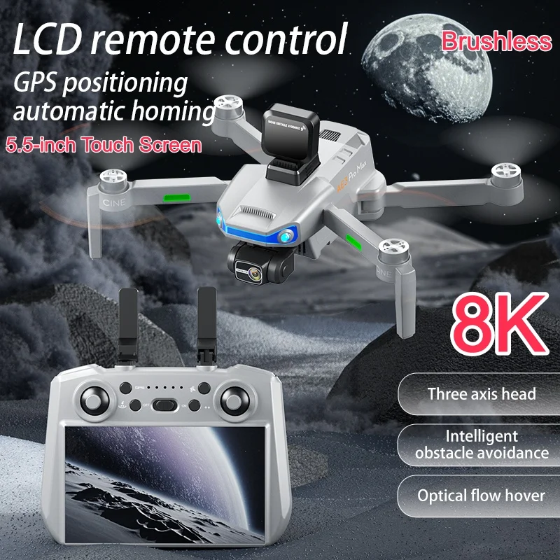 Drone RC FPV Quadricoptère 8K avec Écran Tactile 5,5 pouces, Stabilisation EIS sur 3 Axes, Évitement d'Obstacles, Télécommande, Moteur Brushless et Retour GPS