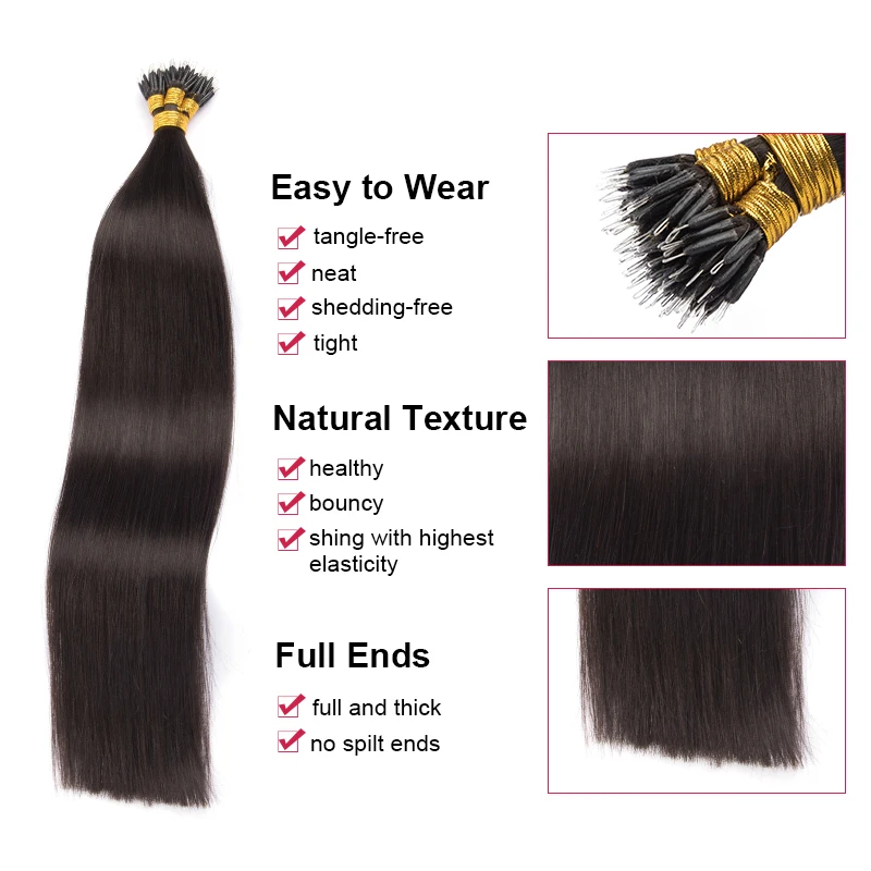Straight Nanoring Human Hair Extensions High Quality Micro Beads Capsule Keratin Fusion Hair Microlink Real Human Hair Microring